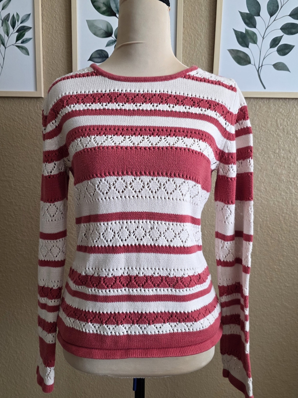 Vintage Crazy Horse by Liz Claiborne cotton knit sweater, red and white, Sz M